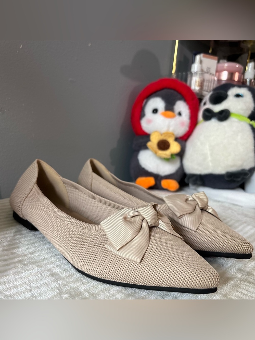 Women's Nude Pointed-Toe Bow Flats